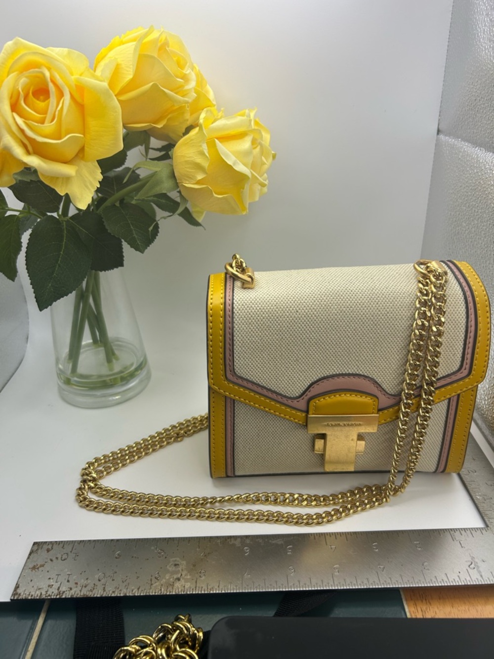 Rare Tory Burch Kira Mini Yellow Trim Canvas Shoulder Bag with Gold Chain